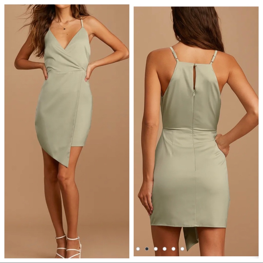 Lulu’s What a Stunner Sage Green Satin Asymmetrical Mini Wrap Dress